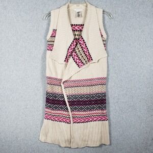 Max Studio Aztec Tribal Knit Cardigan‎ Vest Cream Pink Black Sleeveless Layer M
